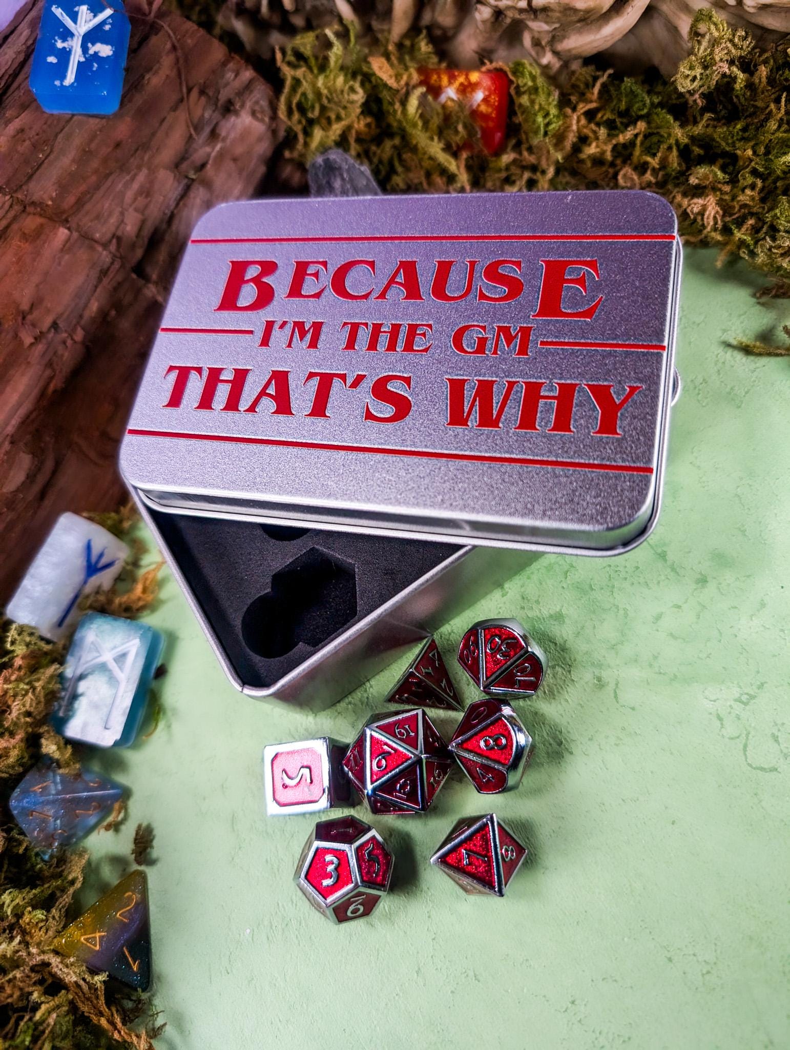 Dungeon Master Dice Tin| TTRPG Gifts | DM Gifts | Dice for | Dice Storage | Dice Tin | Because I'm The Dm - MysteryDiceGoblins