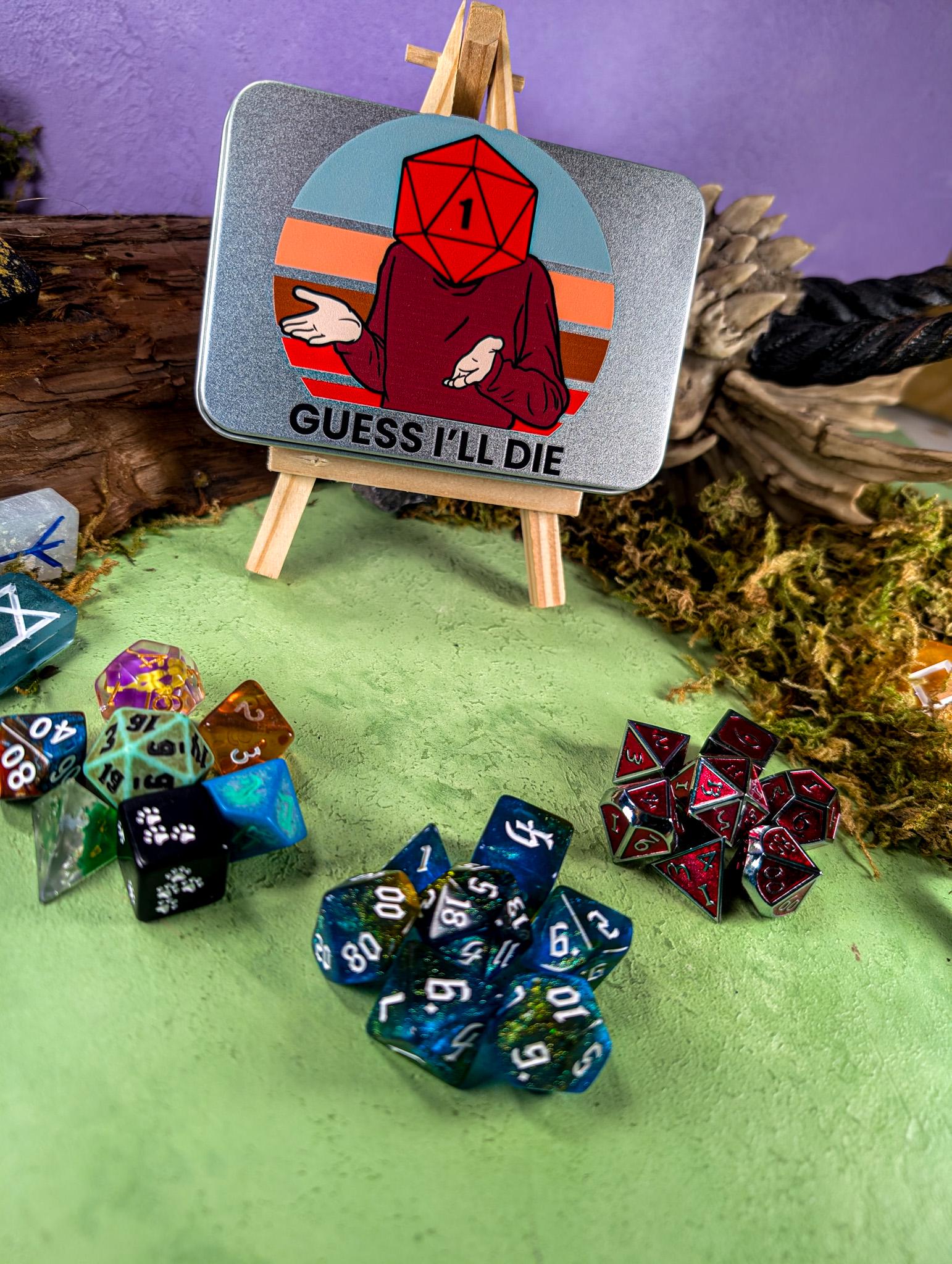Guess I'll Die Dice Tin | Novelty Dice Tin| TTRPG Gifts | DM Gifts | Dice for | Dice Storage | Dice Tin | - MysteryDiceGoblins