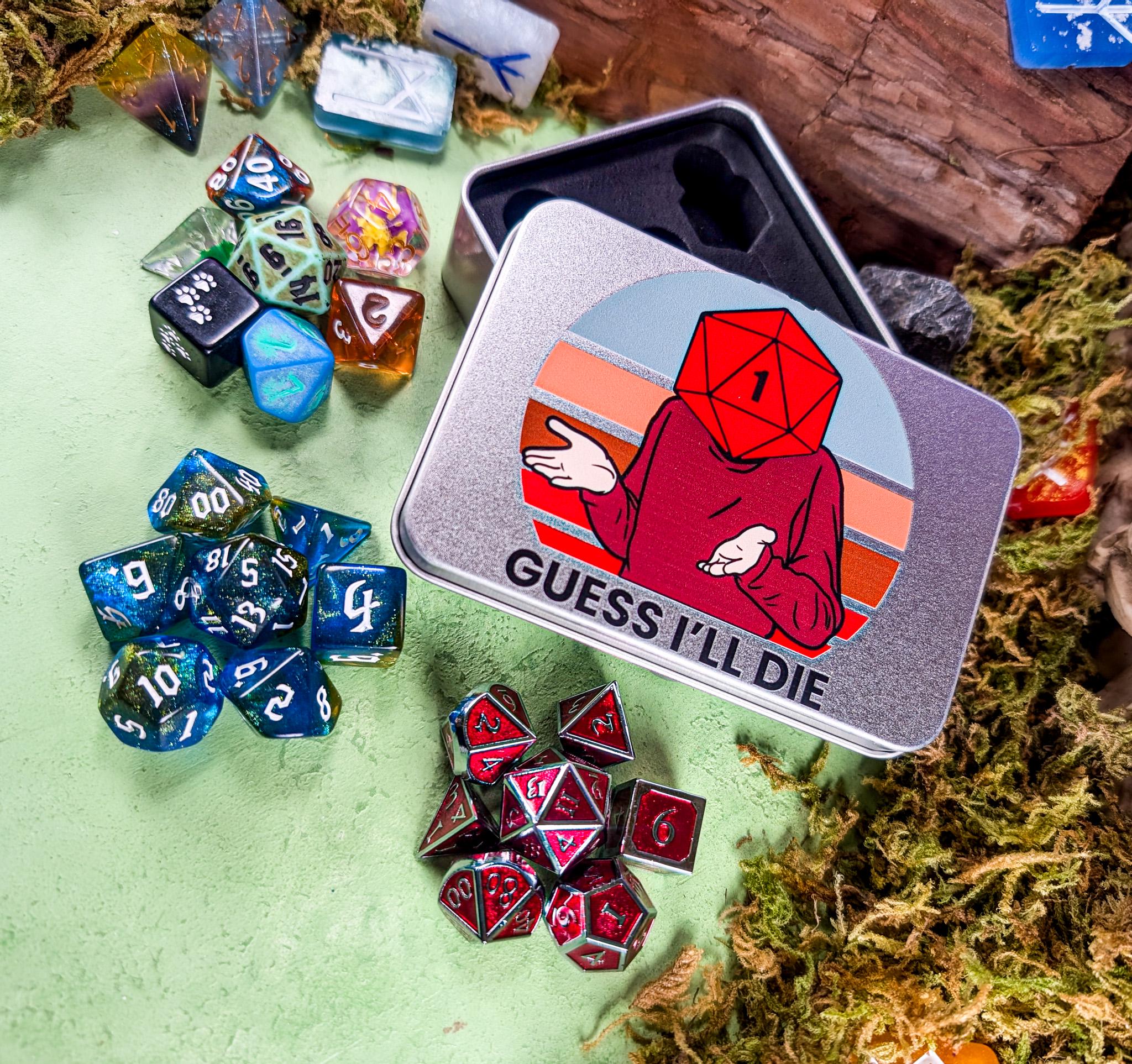 Guess I'll Die Dice Tin | Novelty Dice Tin| TTRPG Gifts | DM Gifts | Dice for | Dice Storage | Dice Tin | - MysteryDiceGoblins