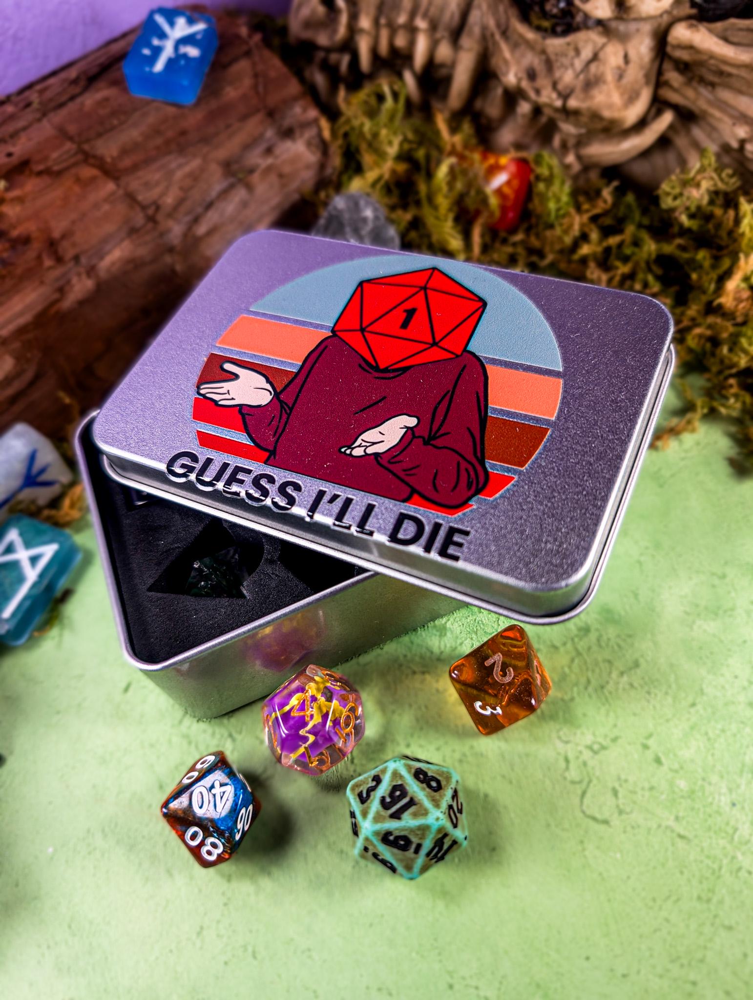 Guess I'll Die Dice Tin | Novelty Dice Tin| TTRPG Gifts | DM Gifts | Dice for | Dice Storage | Dice Tin | - MysteryDiceGoblins