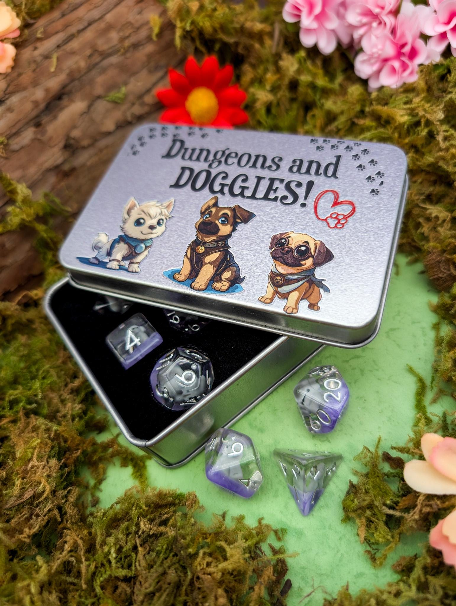 Dungeons and Doggies | Puppy Dice | Dice Storage | Dice for TTRPG | RPG Dice | Cute Dice | Inclusion Dice | Dice Gift Tin - MysteryDiceGoblins