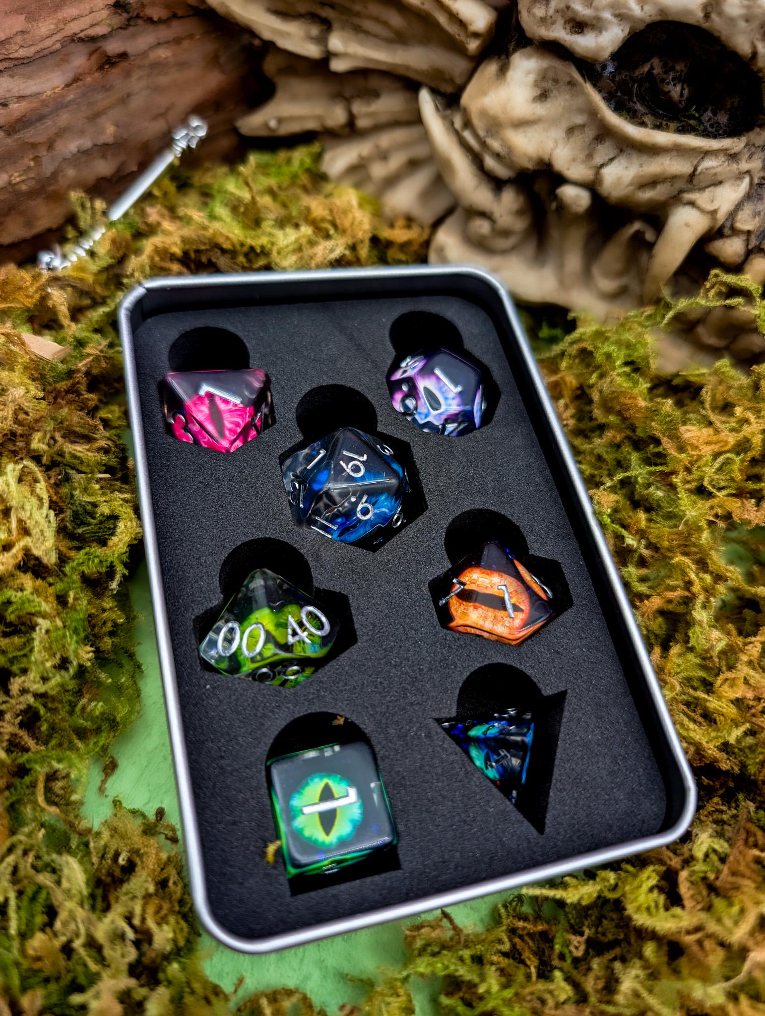 Dragon Dice Tin | Dragon Eye Dice | Dice Storage | Dice for TTRPG | RPG Dice | Inclusion Dice | Dice Gift Tin - MysteryDiceGoblins