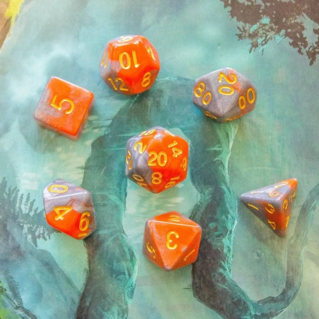 Tie-Dye Orange and Grey Dice Set