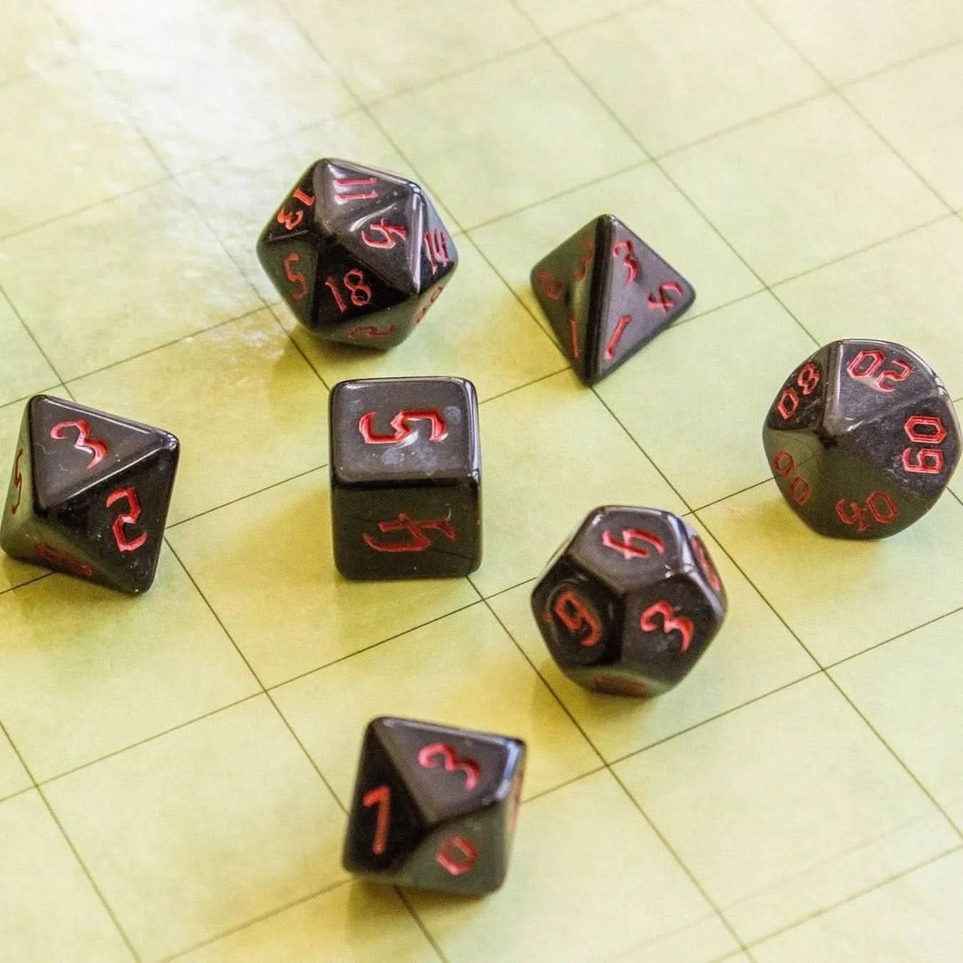 face down of TTRPG dice red and black - Mystery Dice Goblin
