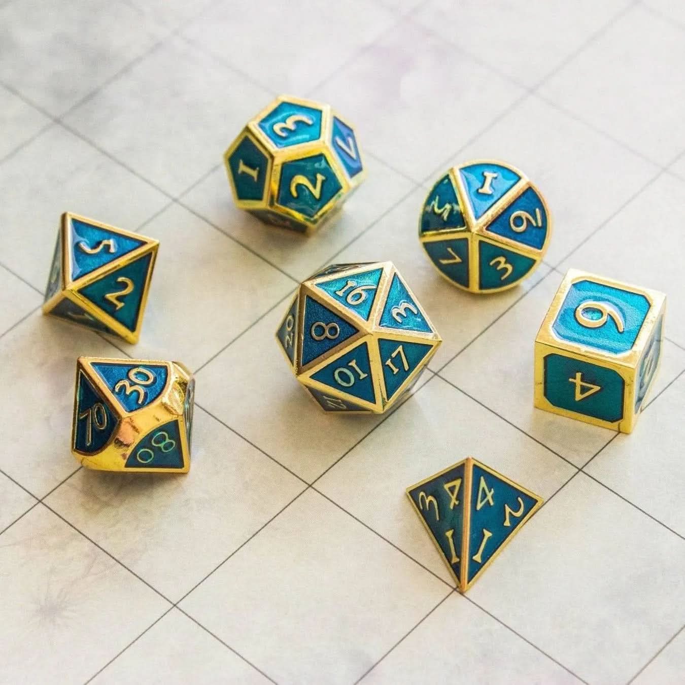 Blue and Gold Metal Dice Set