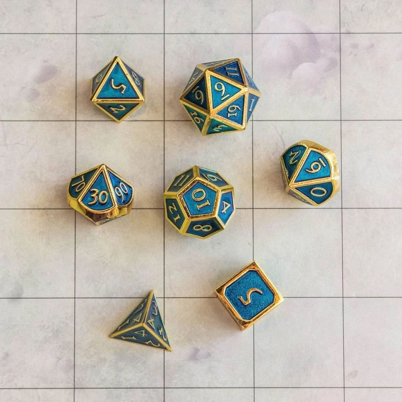 Blue and Gold Metal Dice Set - Mystery Dice Goblin
