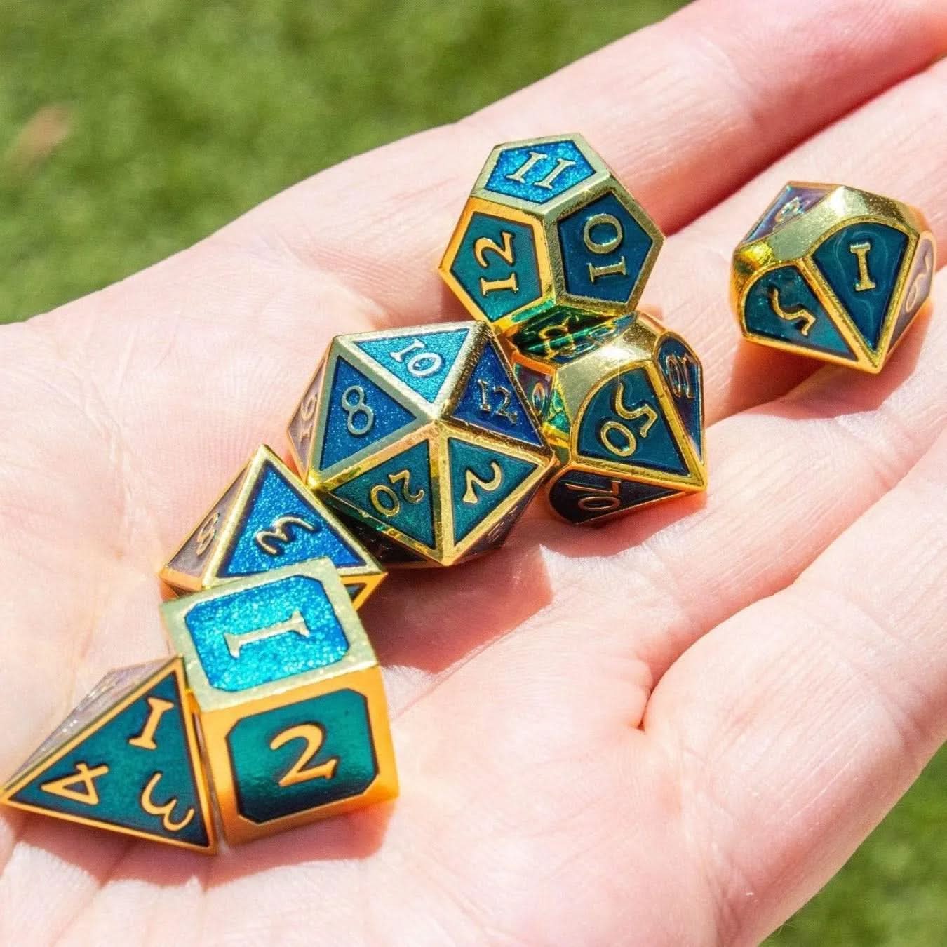 Blue and Gold Metal Dice Set