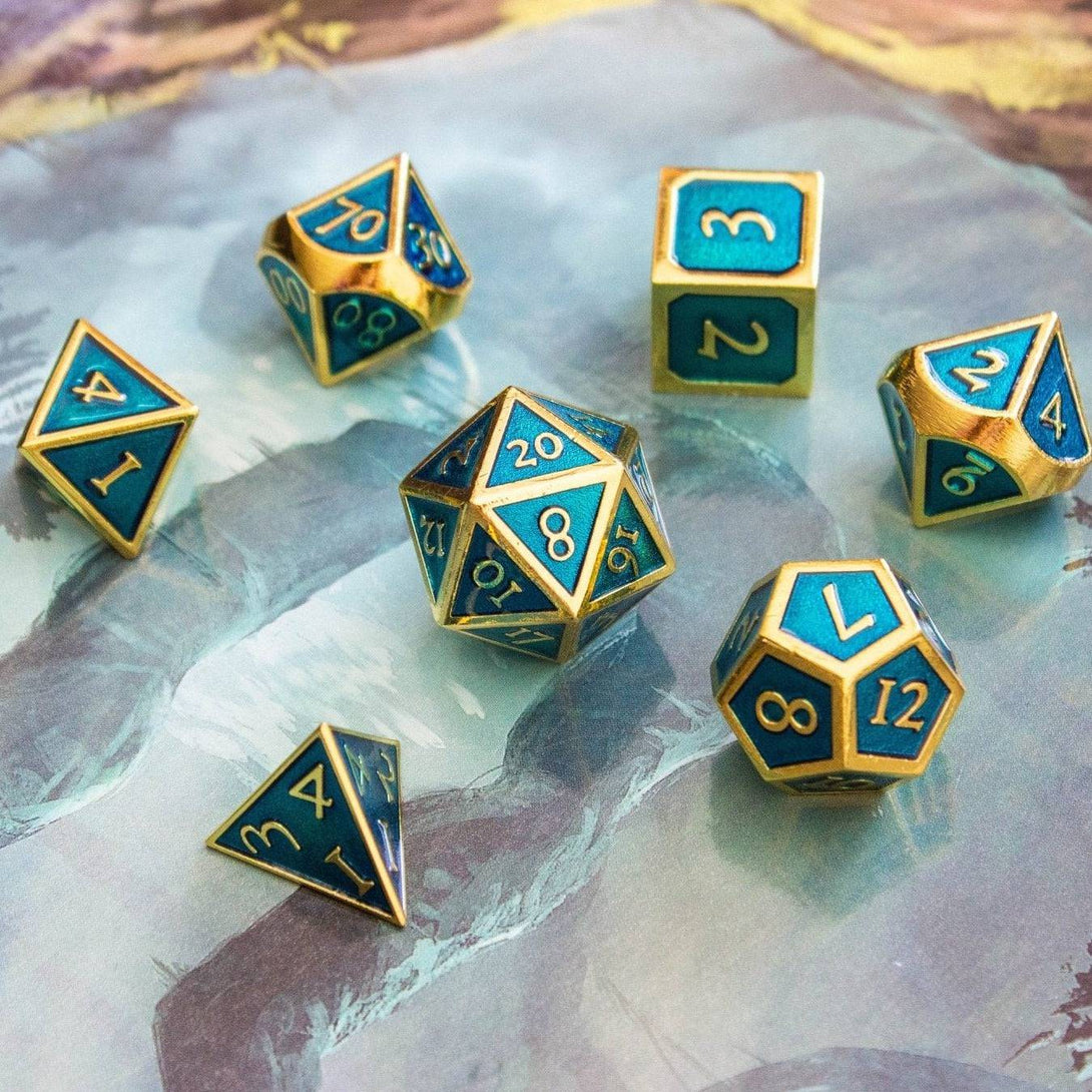 Blue and Gold Metal Dice Set - Mystery Dice Goblin