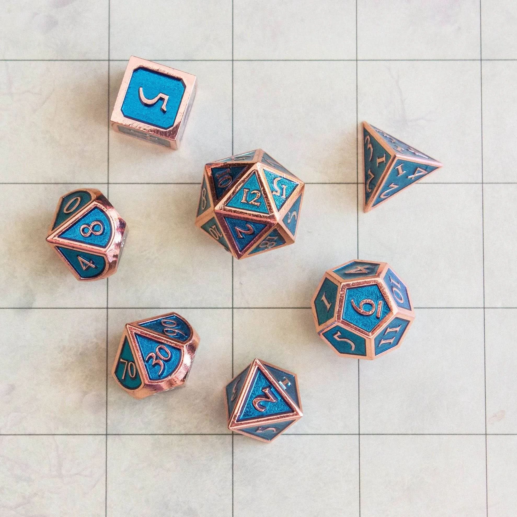 Blue and Rose Gold Metal Dice Set - Mystery Dice Goblin
