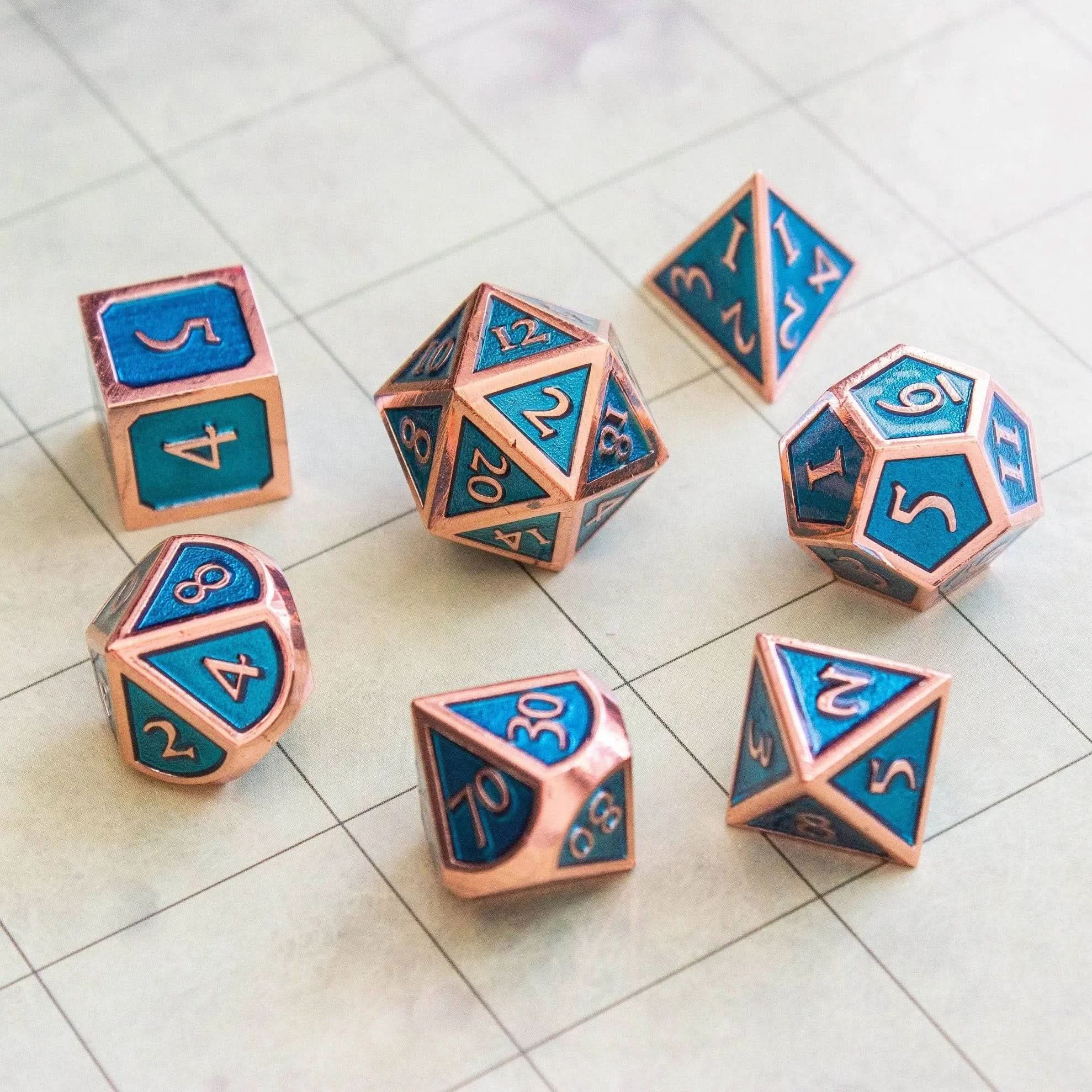 Blue and Rose Gold Metal Dice Set - Mystery Dice Goblin