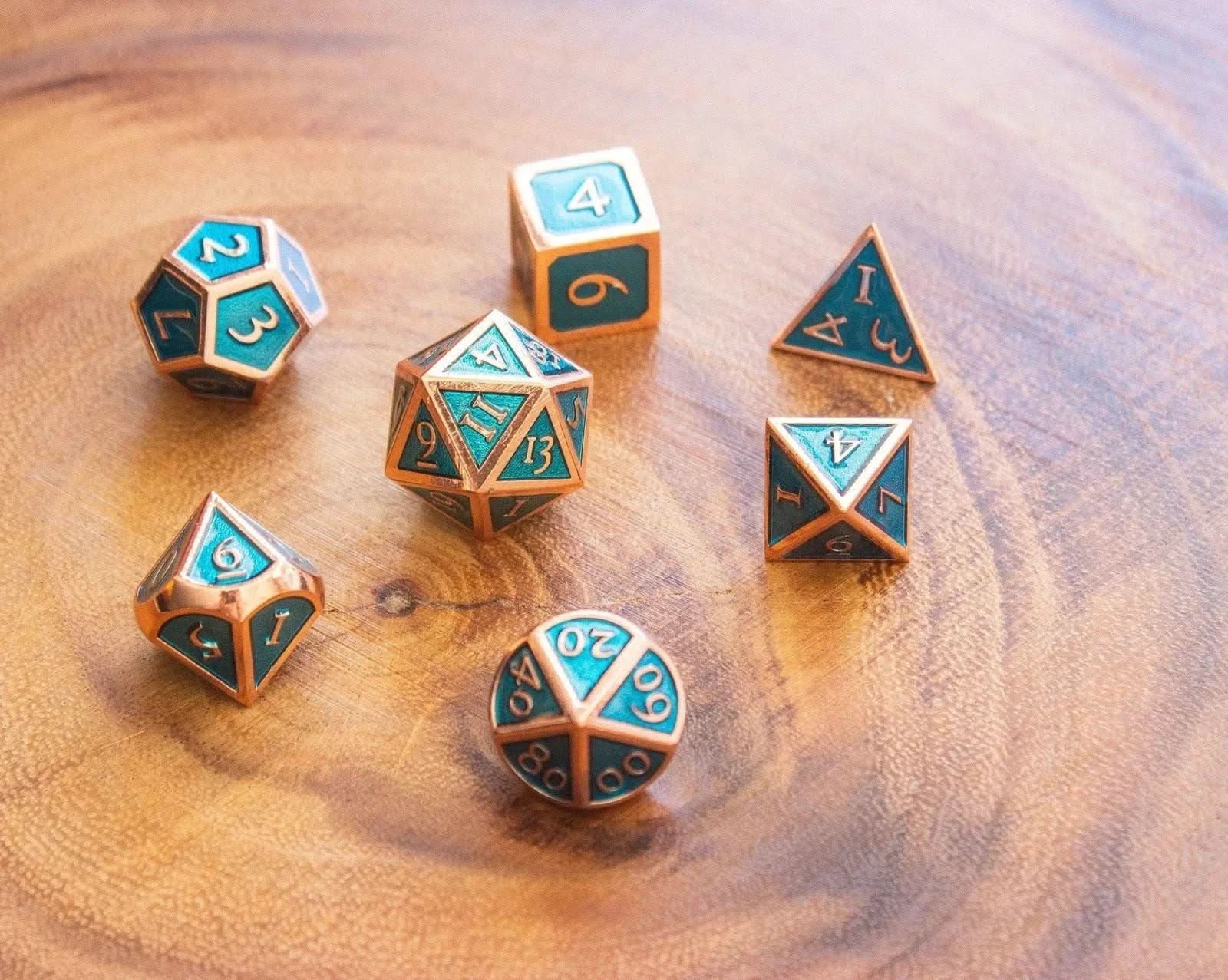 Blue and Rose Gold Metal Dice Set