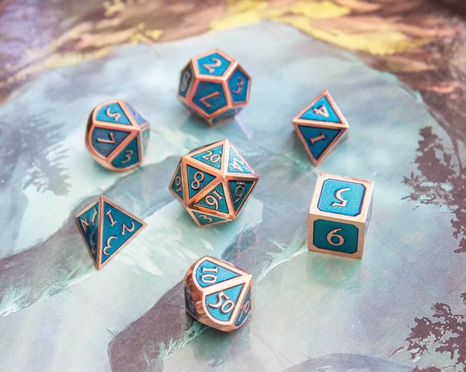 Blue and Rose Gold Metal Dice Set