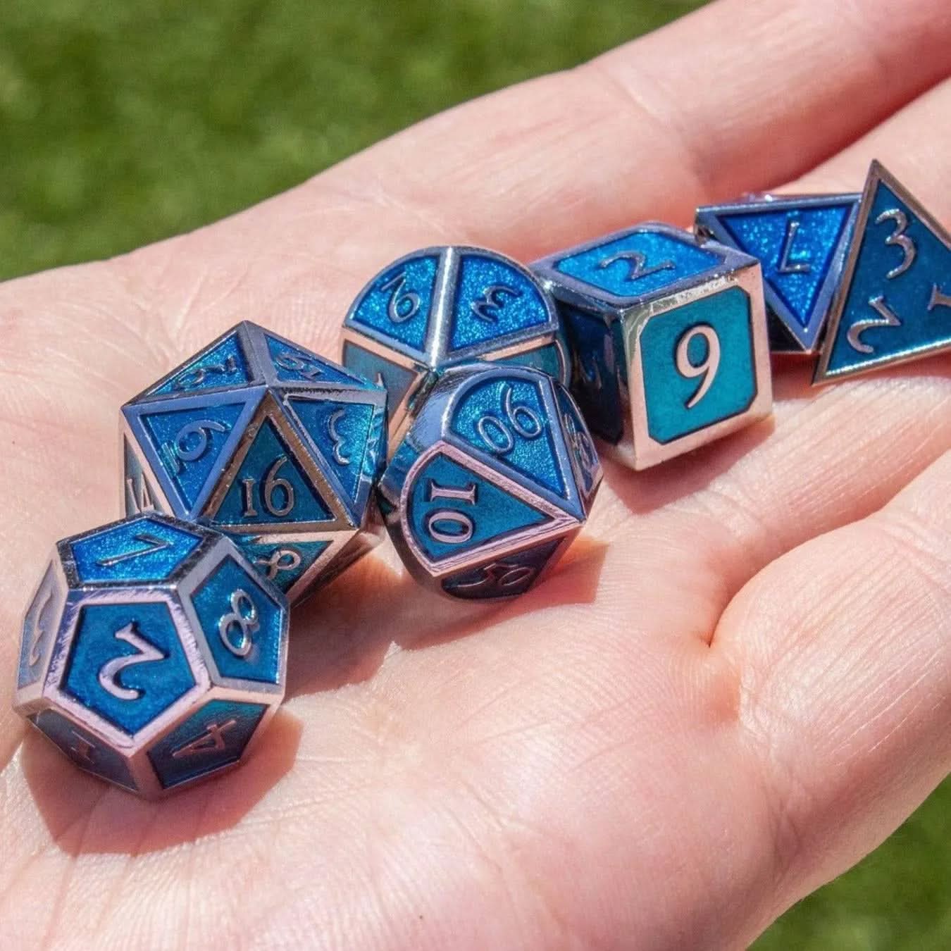 Blue and Silver Metal Dice Set - Mystery Dice Goblin