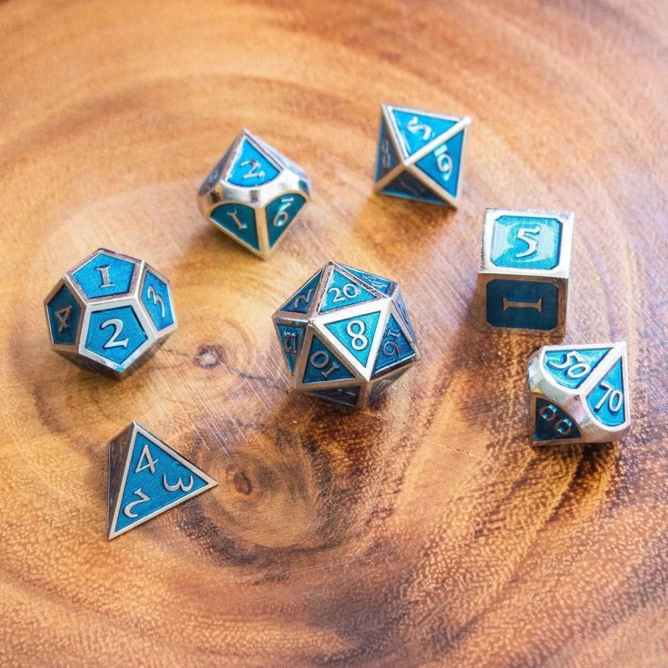Blue and Silver Metal Dice Set