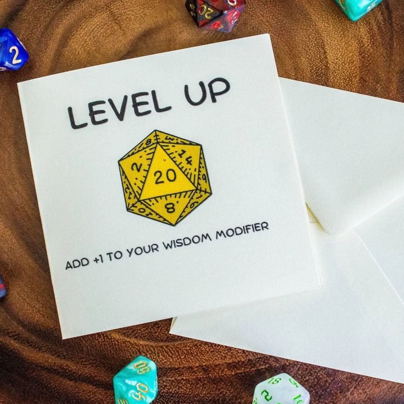 TTRPG Birthday Card Level Up +1 Wisdom - Mystery Dice Goblin