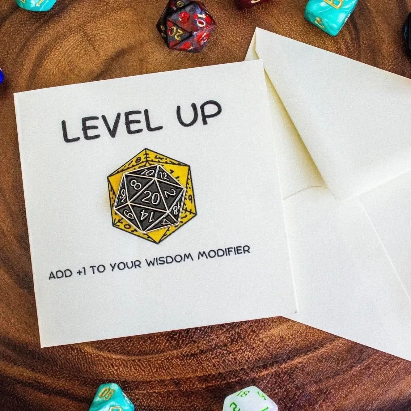 TTRPG Birthday Card Level Up +1 Wisdom - Mystery Dice Goblin