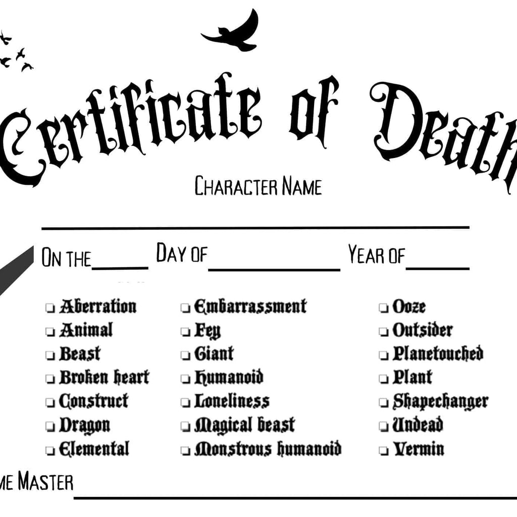 DnD Character Death Certificate dnd dice