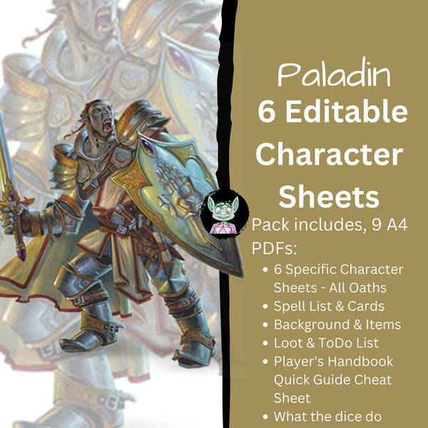 DnD Paladin 5e Character Sheet - Mystery Dice Goblin