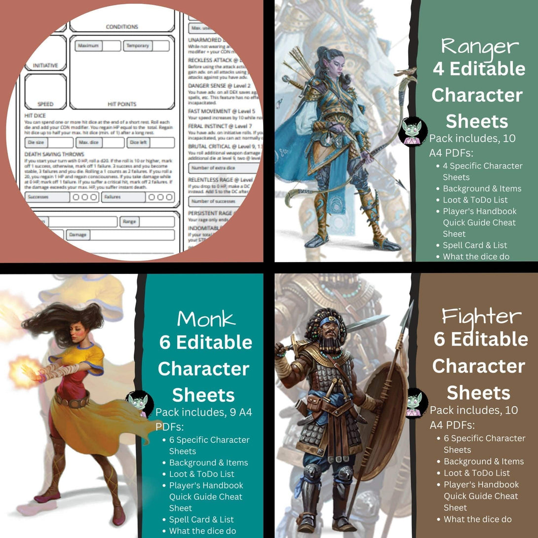 DnD Printable Character Sheet Digital PDF - Mystery Dice Goblin