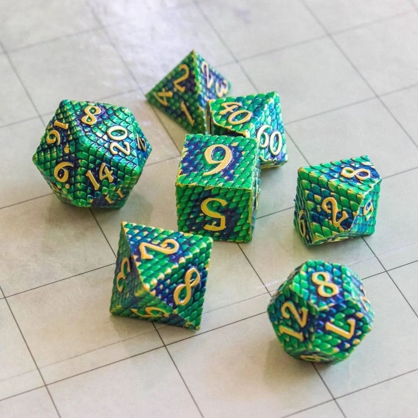 Green Blue Dragon Scale Metal Dice Set