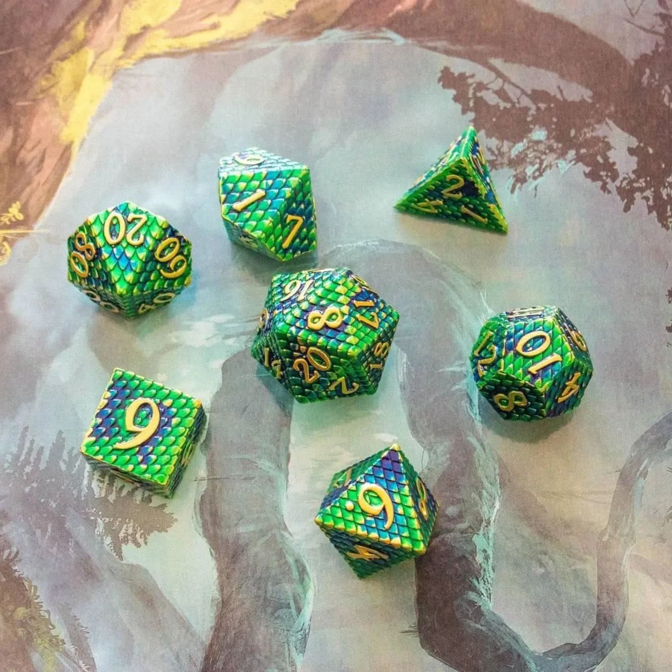 Green Blue Dragon Scale Metal Dice Set