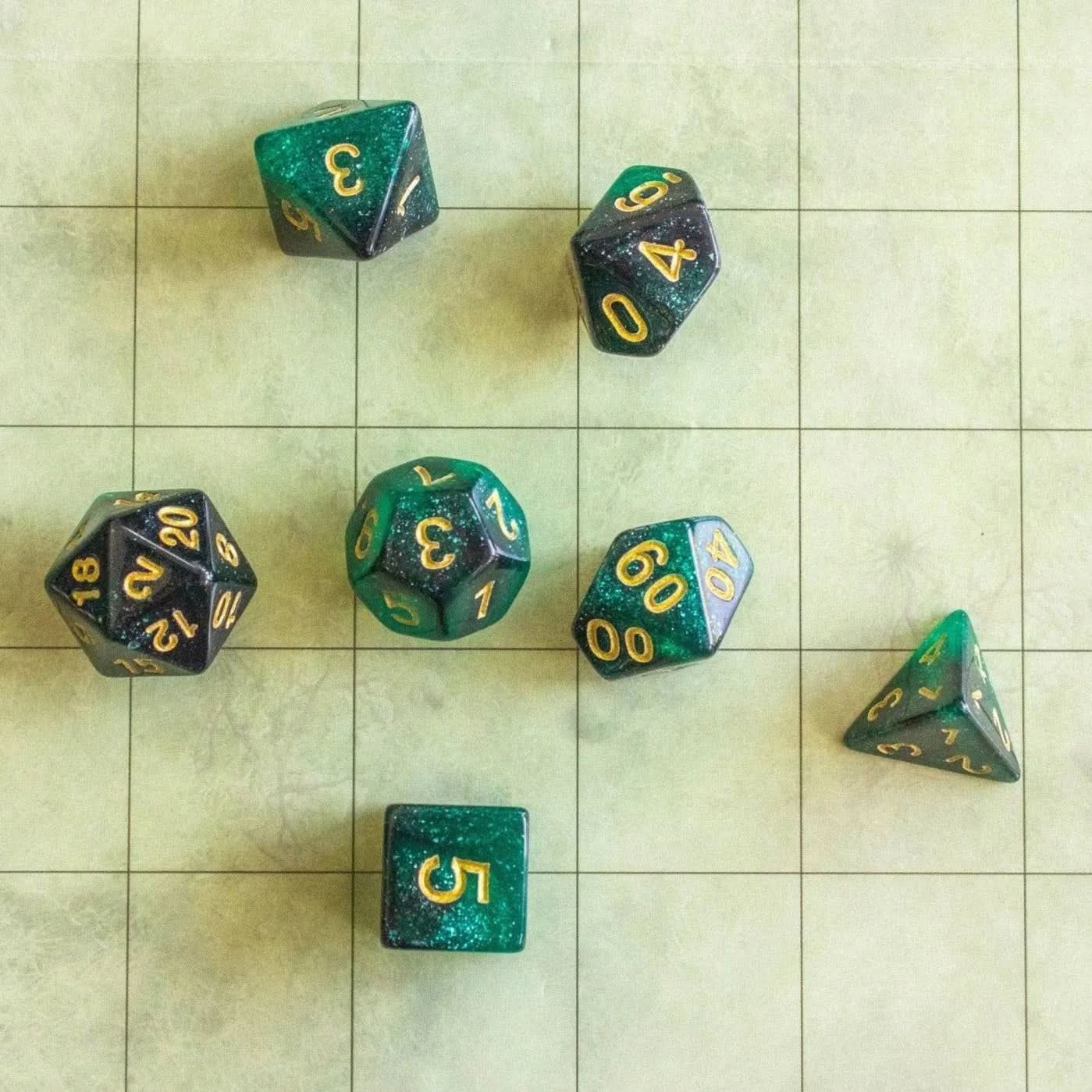 Green and Black Galaxy Dice Set