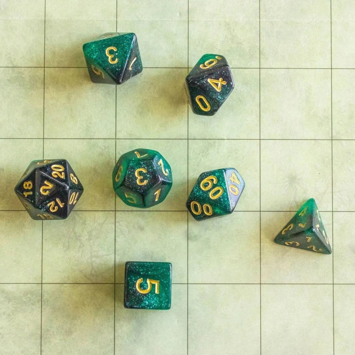 Green and Black Galaxy Dice Set