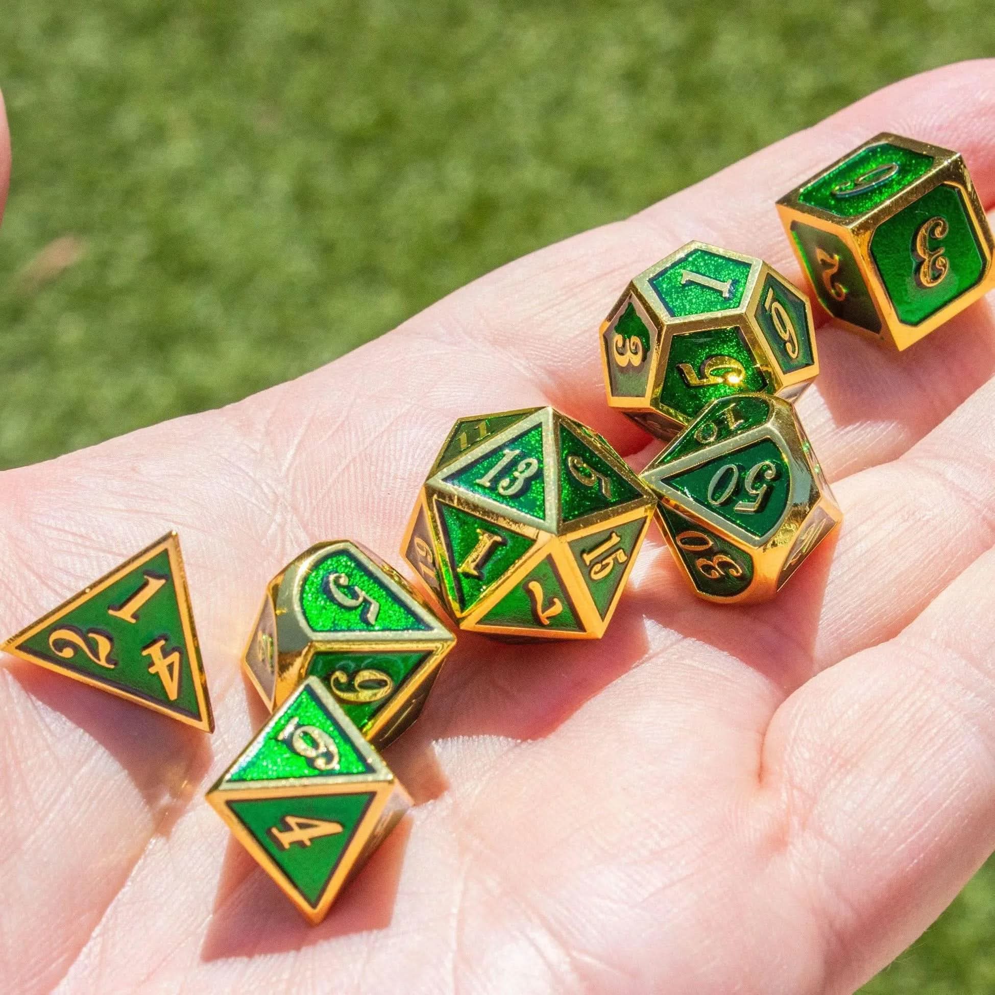 Green and Gold Metal Dice Set - Mystery Dice Goblin