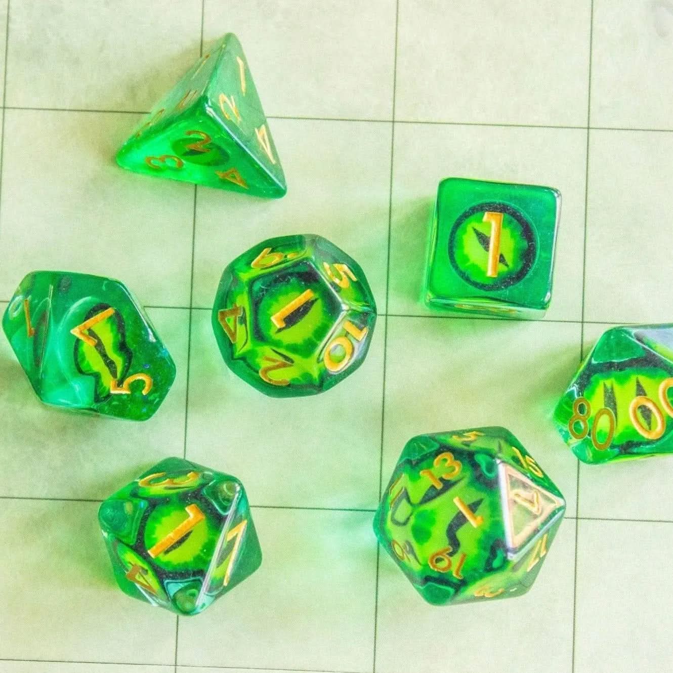 Green Snake Eyes Dice Set - Mystery Dice Goblin
