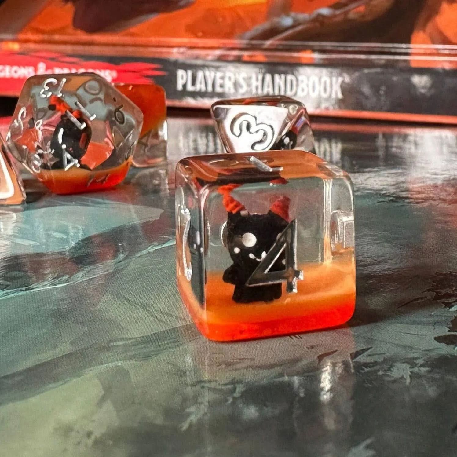 Little Devil Orange TTRPG dice - Mystery Dice Goblin
