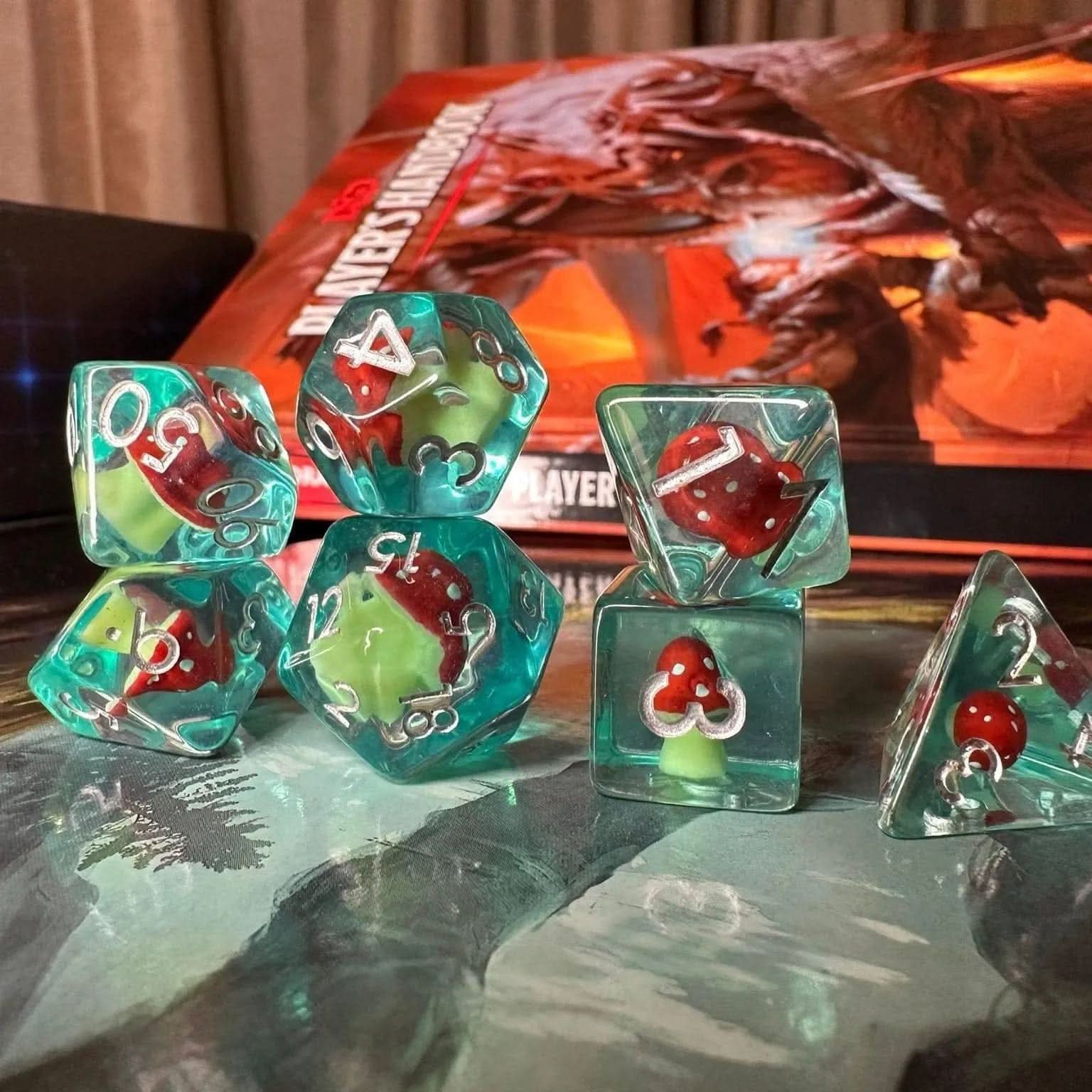 Mushroom Aqua Blue TTRPG dice - Mystery Dice Goblin