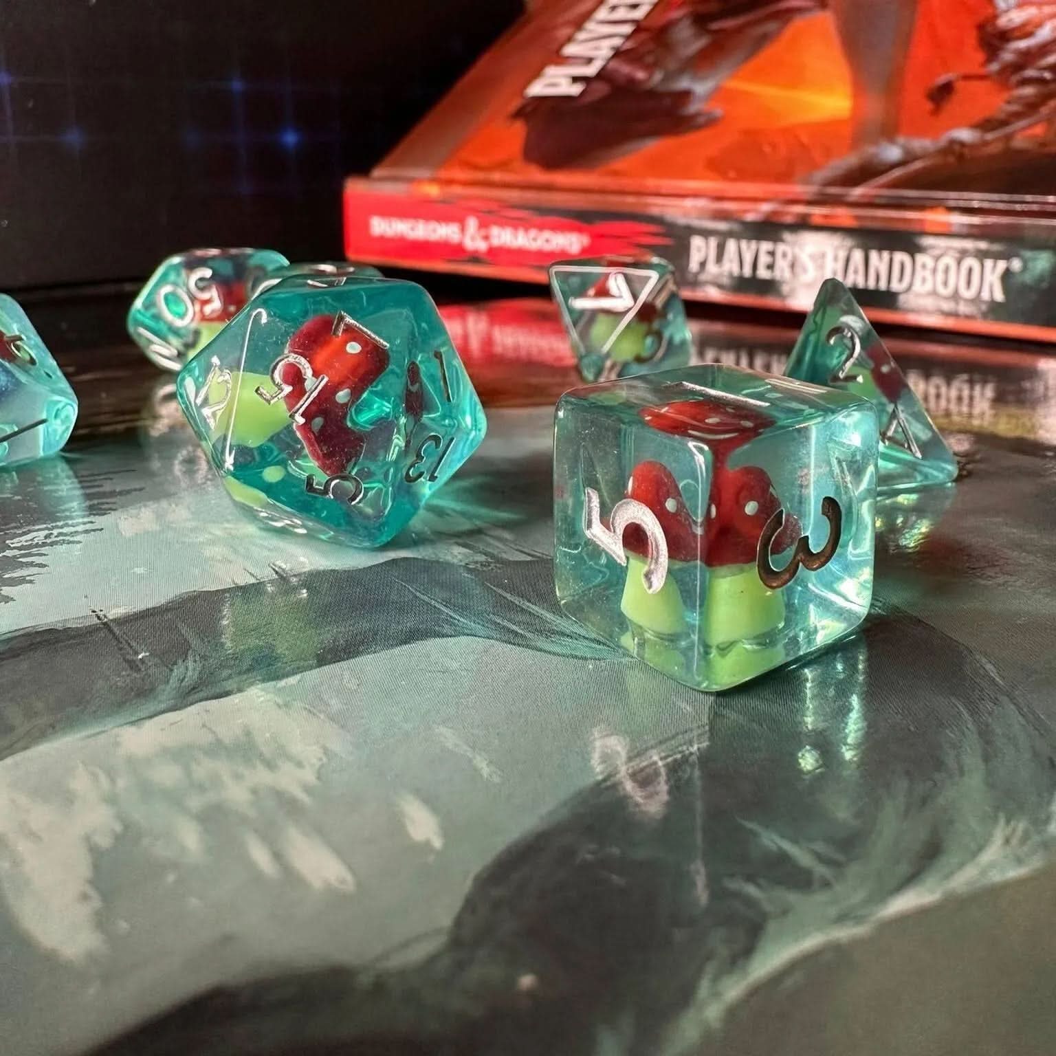 Mushroom Aqua Blue TTRPG dice - Mystery Dice Goblin