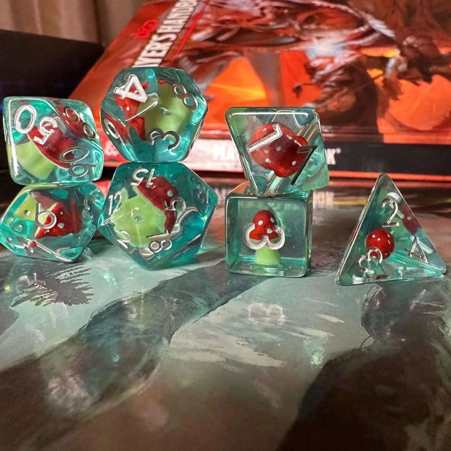 Mushroom Aqua Blue TTRPG dice - Mystery Dice Goblin