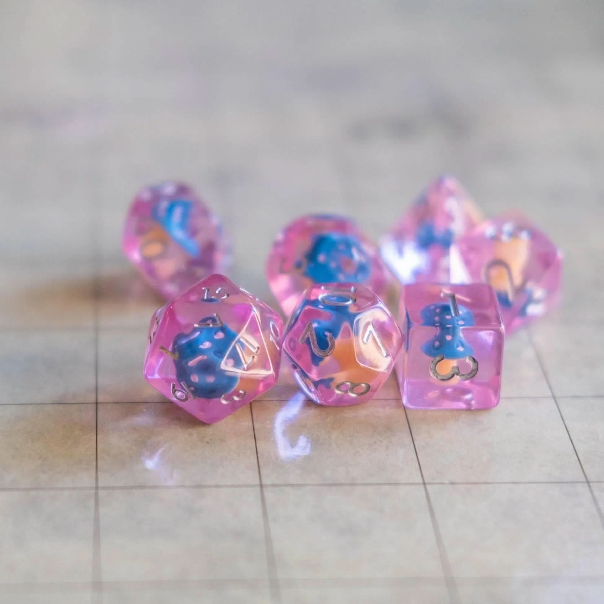 Pink with Blue Mushroom Dice Set