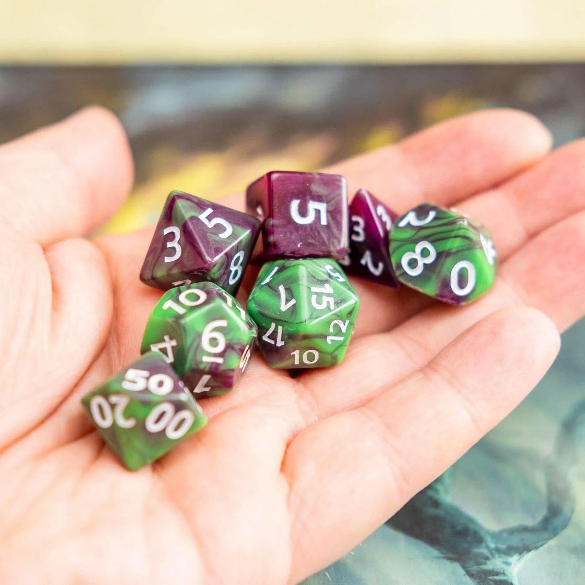 Tie-Dye Green and Purple Dice Set