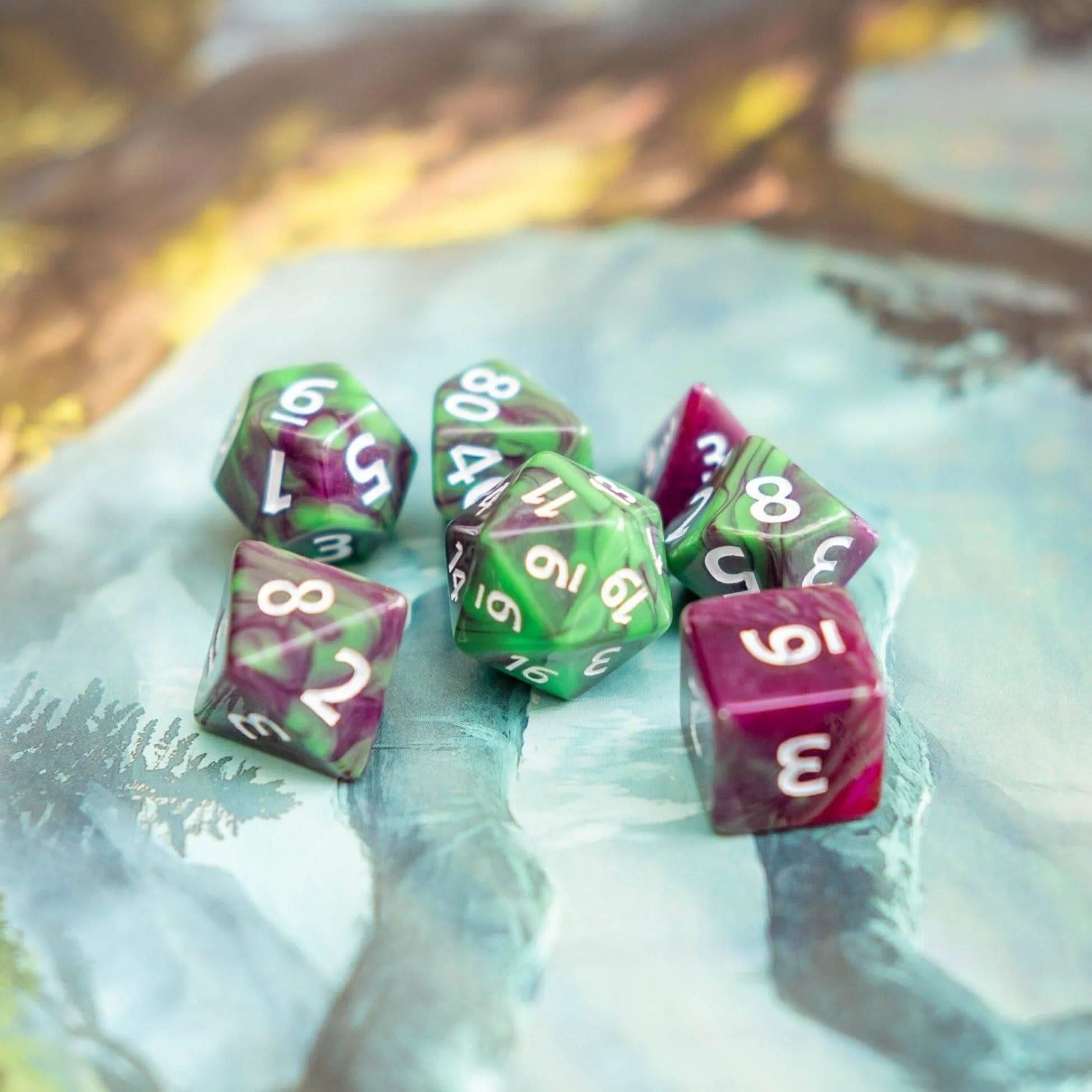 Tie-Dye Green and Purple Dice Set