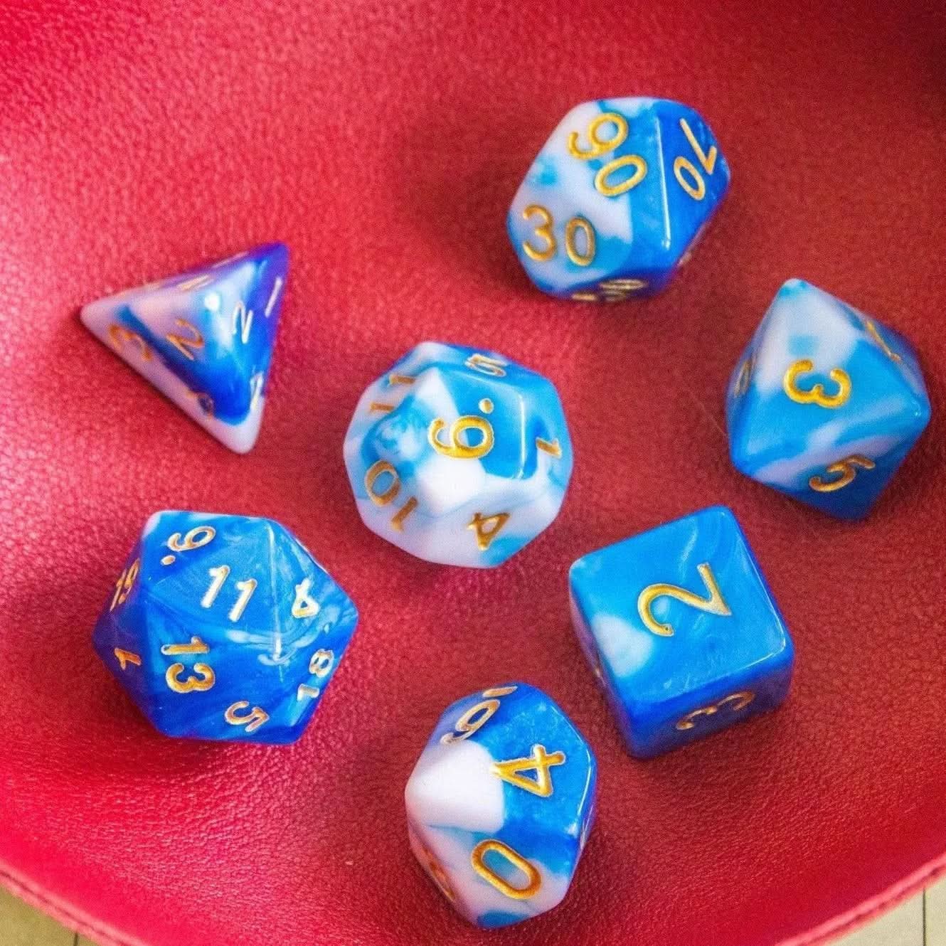 White and Blue TTRPG Dice Set - Mystery Dice Goblin