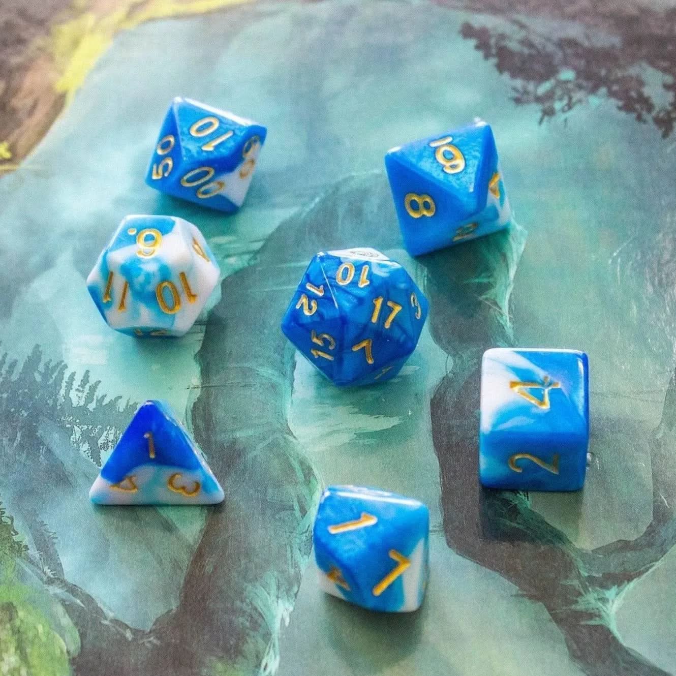 White and Blue TTRPG Dice Set - Mystery Dice Goblin