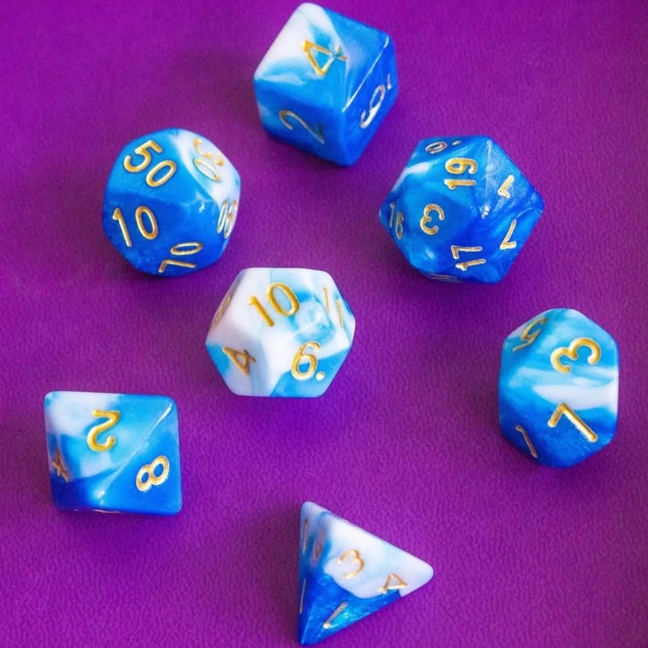 White and Blue TTRPG Dice Set - Mystery Dice Goblin