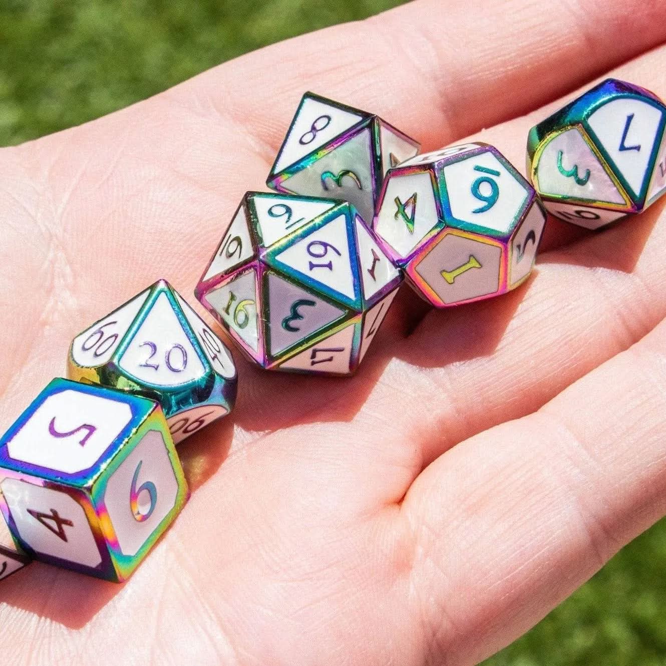 White and Rainbow Metal Dice Set - Mystery Dice Goblin