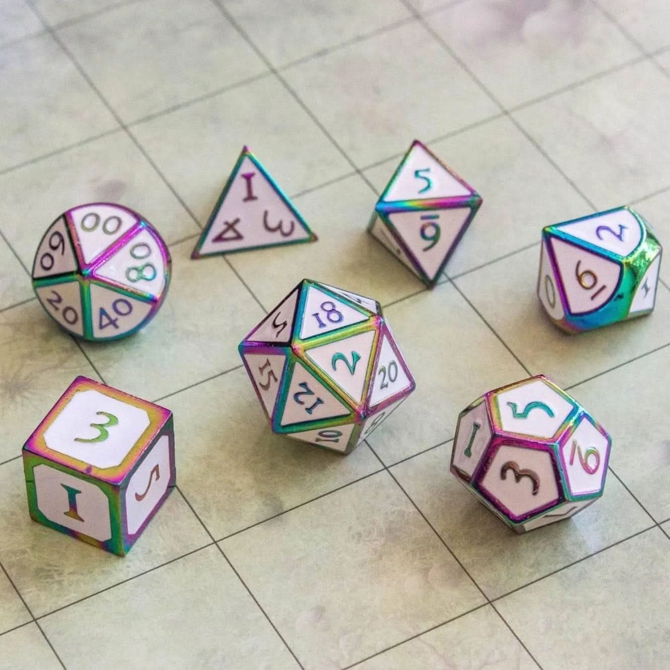 White and Rainbow Metal Dice Set - Mystery Dice Goblin