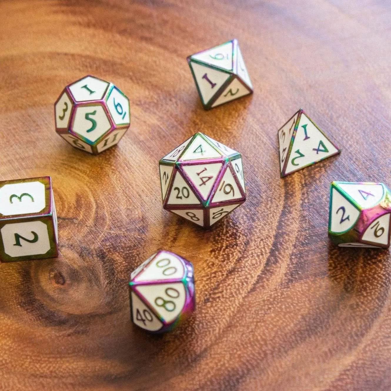 White and Rainbow Metal Dice Set - Mystery Dice Goblin