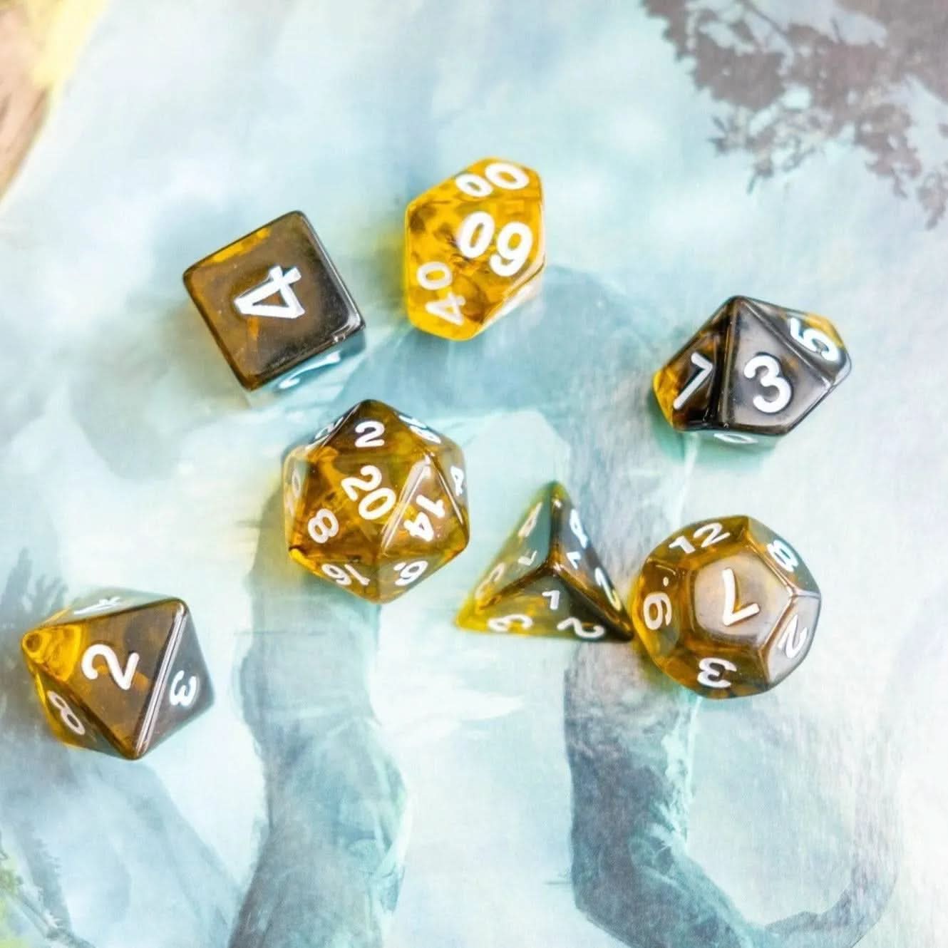 Yellow Tiger Eye TTRPG Dice Set - Mystery Dice Goblin