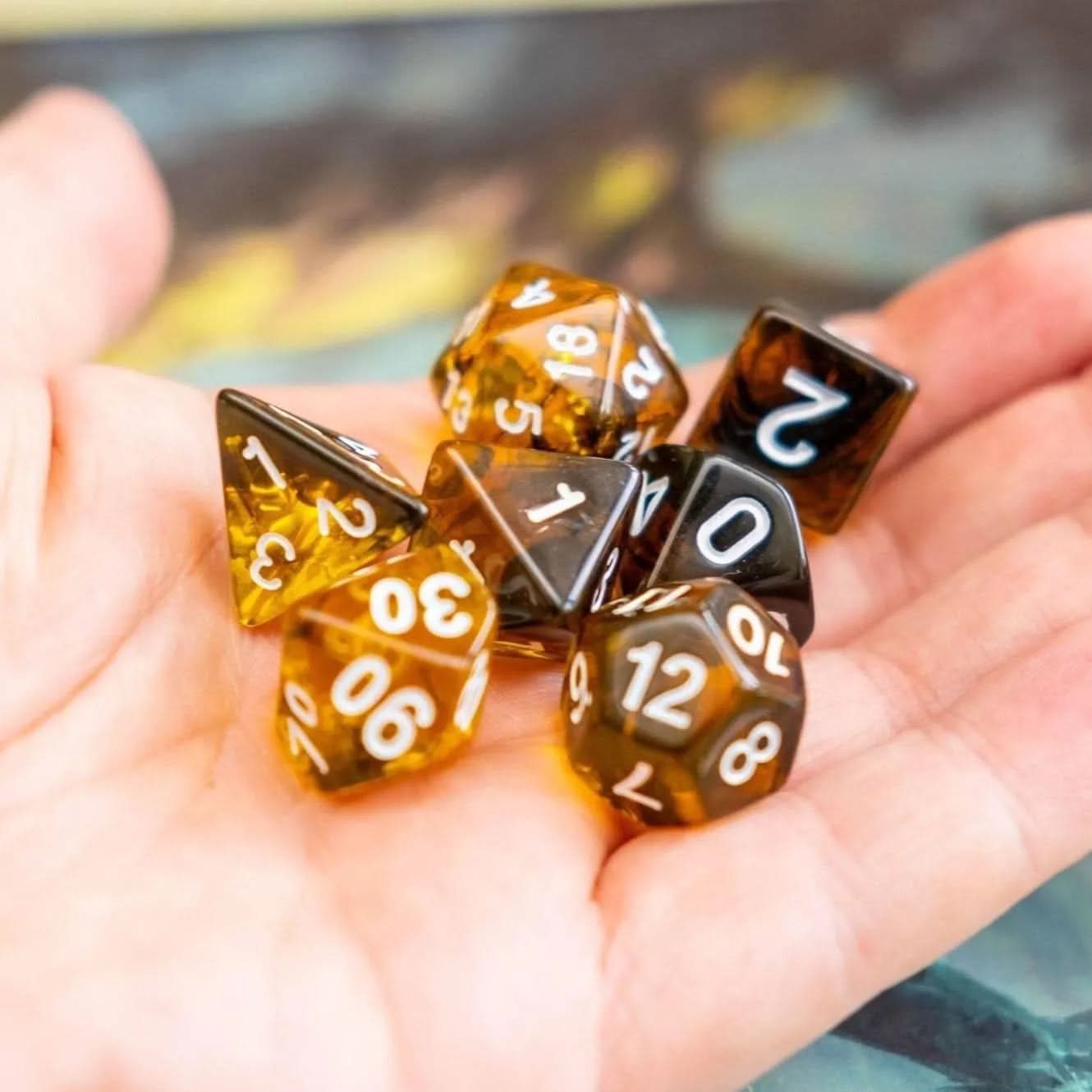 Yellow Tiger Eye TTRPG Dice Set - Mystery Dice Goblin