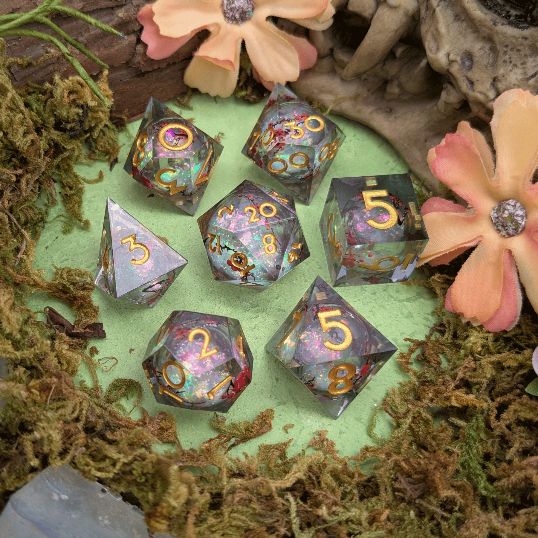 Sakura Moonlight | Blossom Print Liquid Core Dice Set