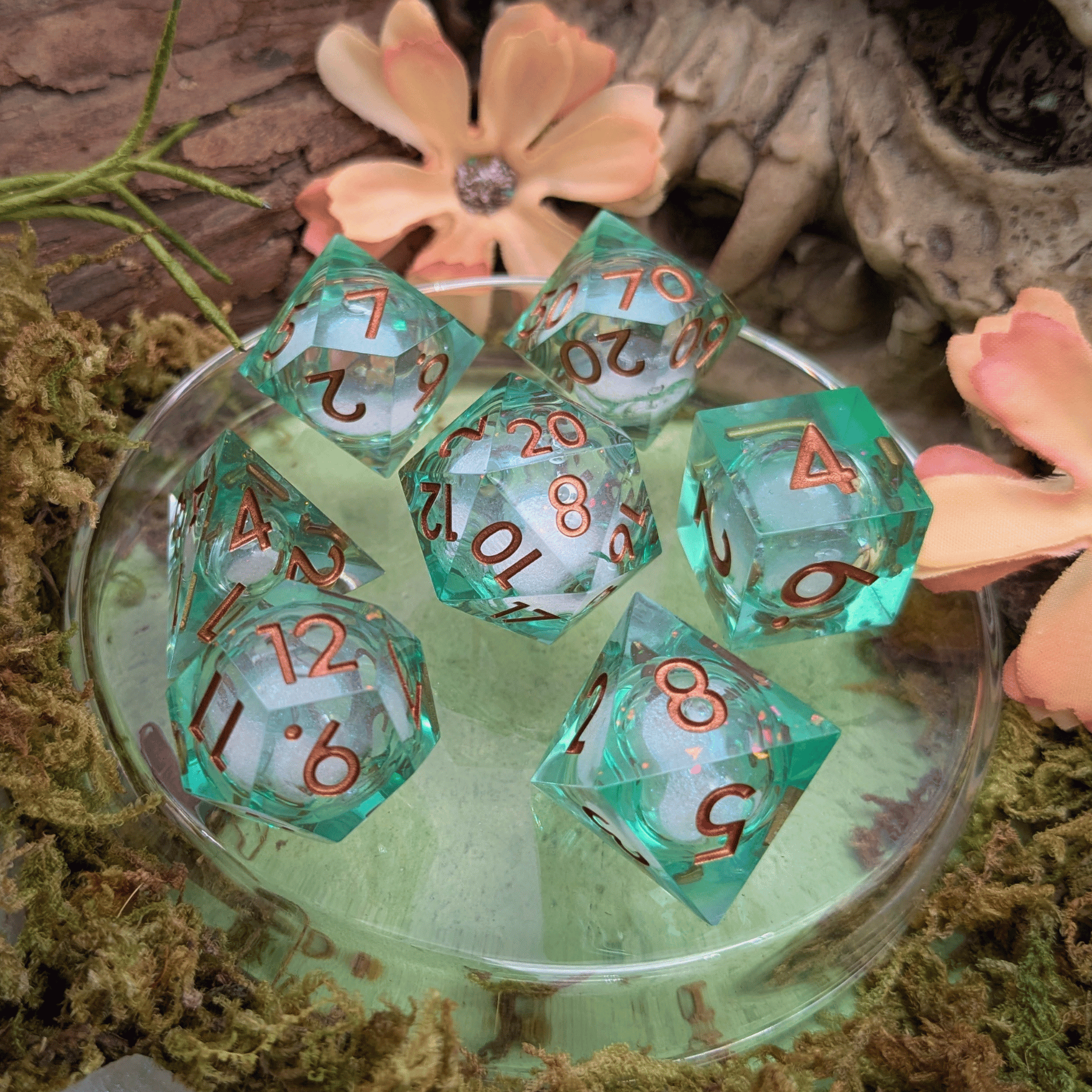 Green and Gold Shimmer Liquid Core Dice Set