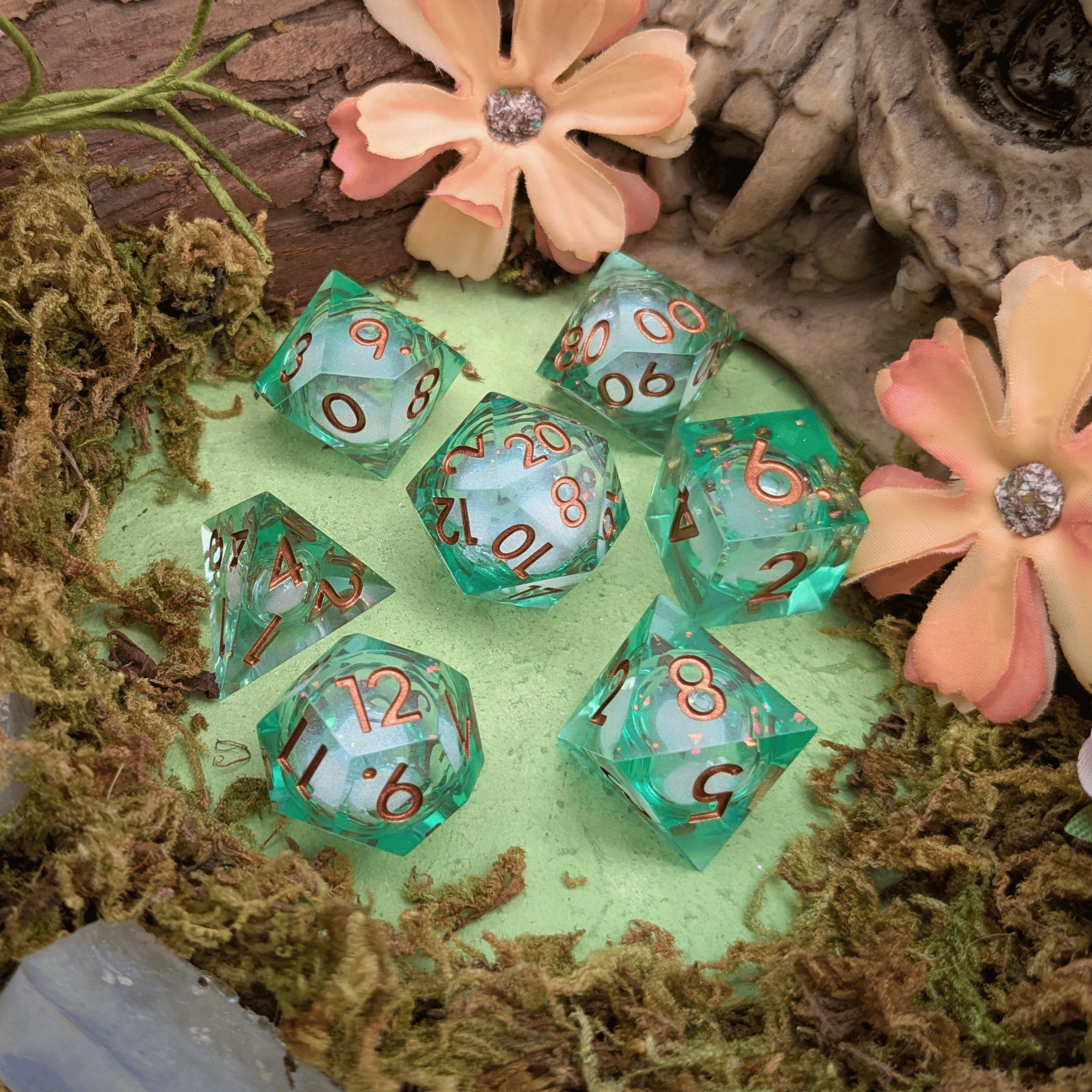 Green and Gold Shimmer Liquid Core Dice Set
