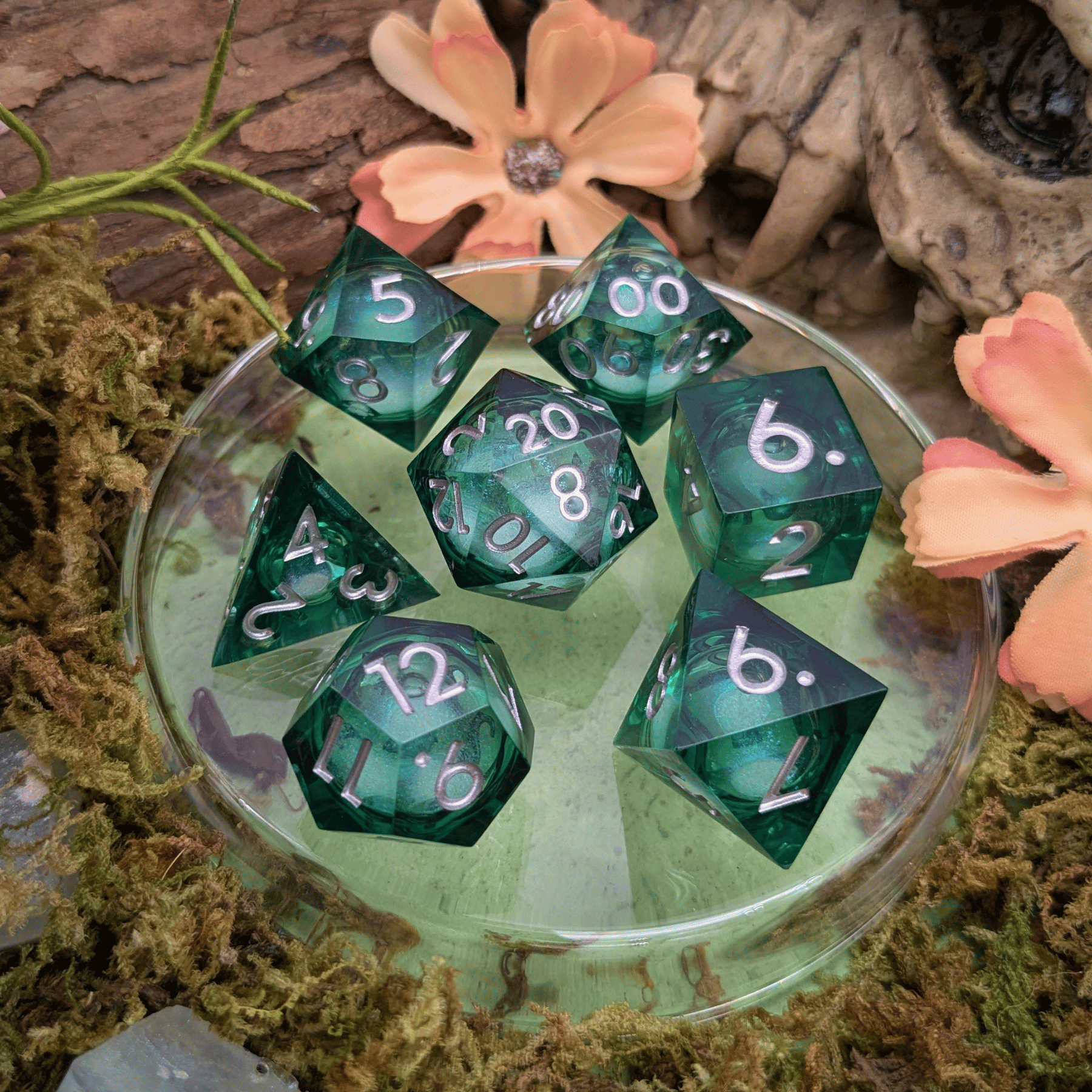 Shimmer Green and Silver Liquid Core Dice Set