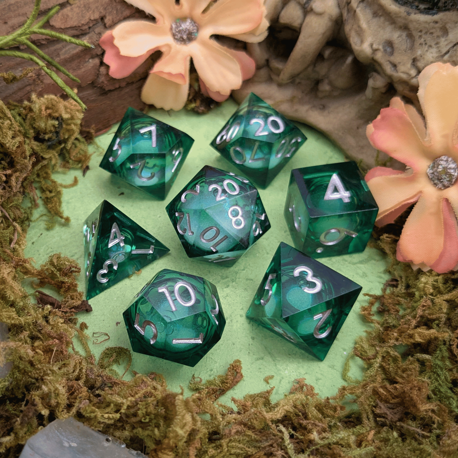 Shimmer Green and Silver Liquid Core Dice Set