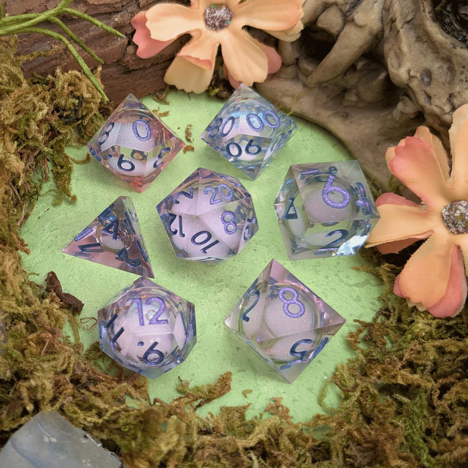 Shimmer Light Blue and Purple Liquid Core Dice Set